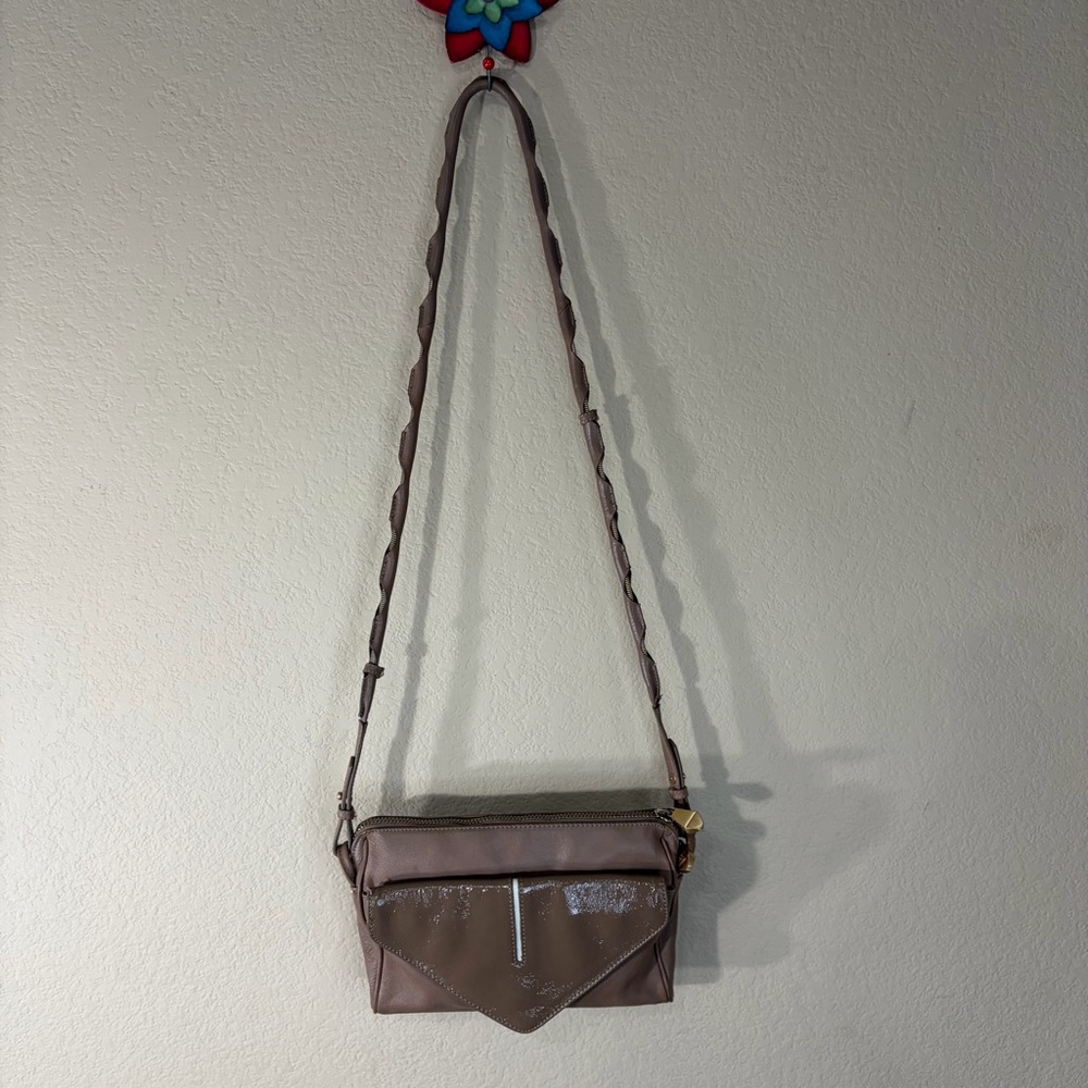 POUR la VICTOIRE Crossbody Beige Leather Mettallic Flap Braided Strap Everyday
